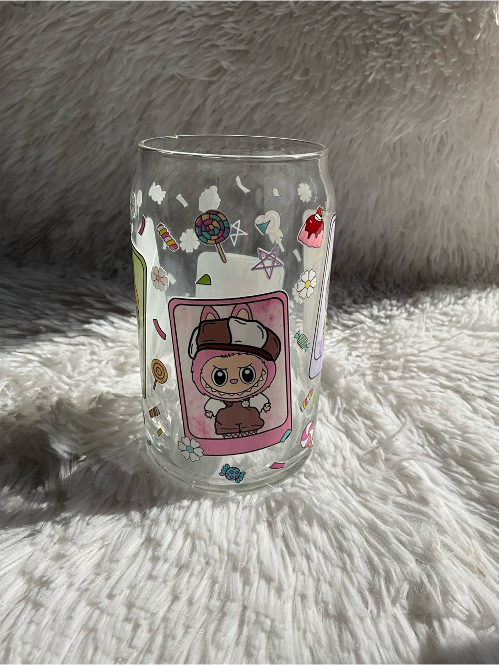 Labubu Character Glass Cup with Candy Motif - Decorative